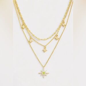Layered Metal Chain Rhinestone Star Charm Necklace SKU:J1857G-GOLD-1